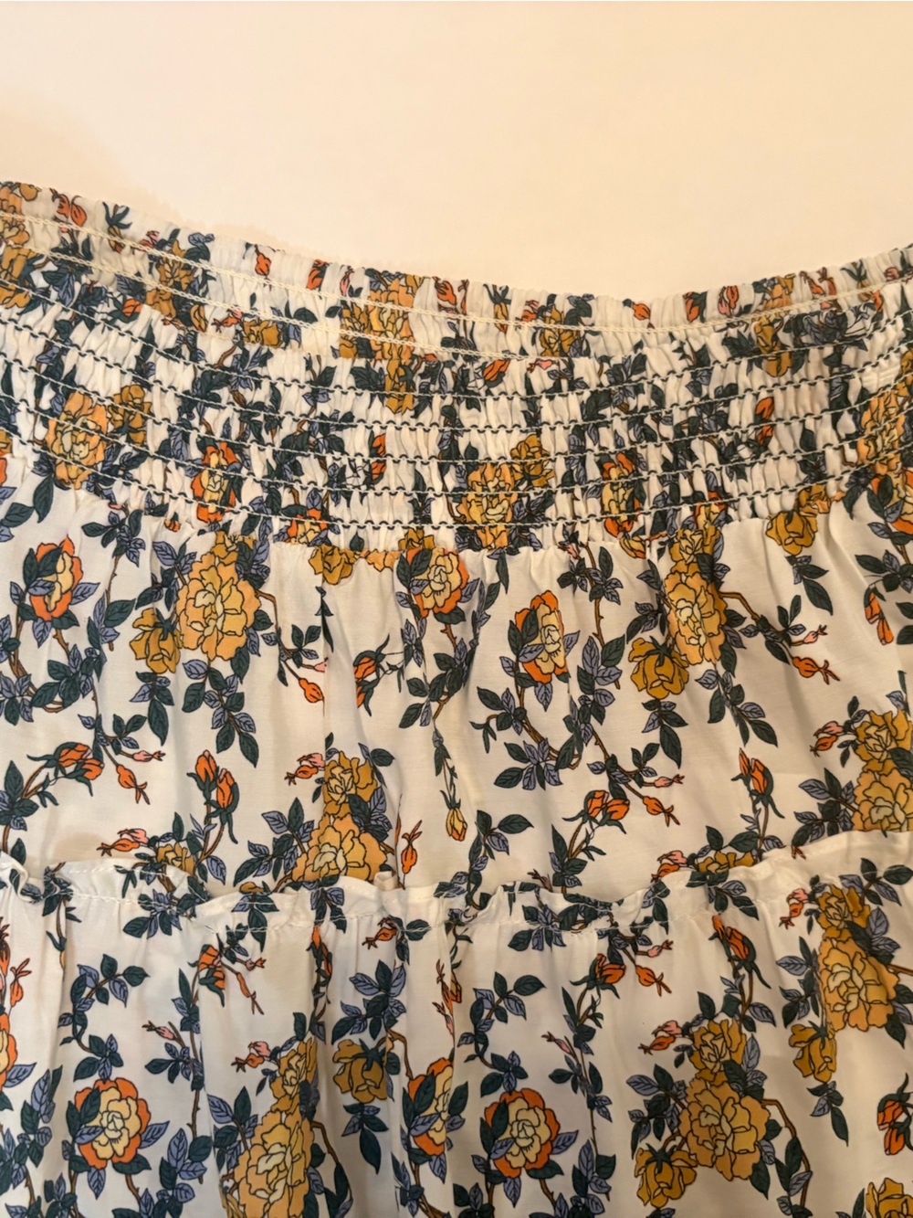 Max Studio Floral Tiered Skirt Butter Yellow Ivory Rayon Smocked Waist Large NWT - Picture 8 of 11